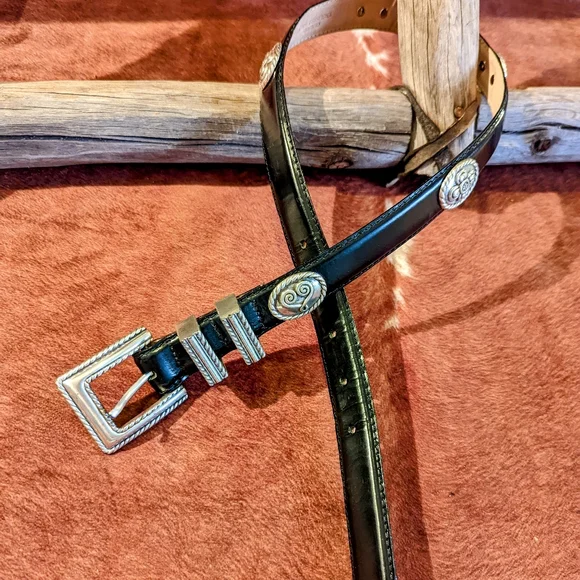 Studio Barse Black Leather Belt with Silver Conchos and Buckle - Picture 2 of 13